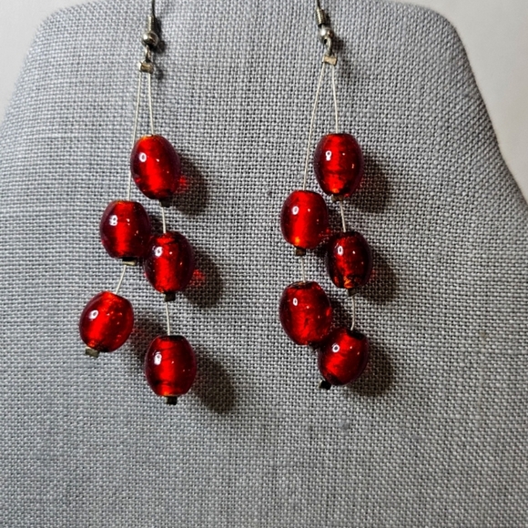 Red Glass Beaded Dangle Earrings - Picture 1 of 1